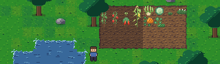 A pixel-art farm: a tilled plot with onions, cabbages, tomatoes, peppers and corn, a pond, oaks, and the farmer standing between them.
